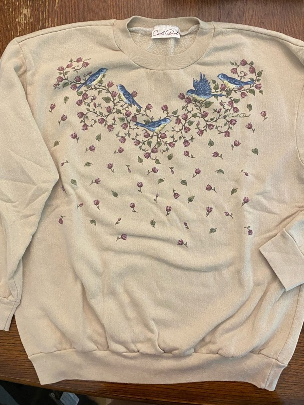 Carroll Reed Cream Crewneck Sweater with Blue Bird Motif